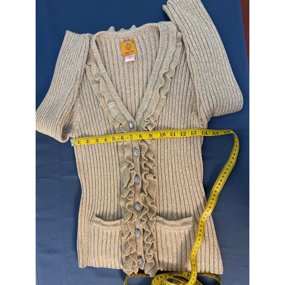Ruby Rd Long Sleeve V-Neck Button-Up‎ Cardigan Ruffled Front Color Beige Size L - Picture 7 of 7